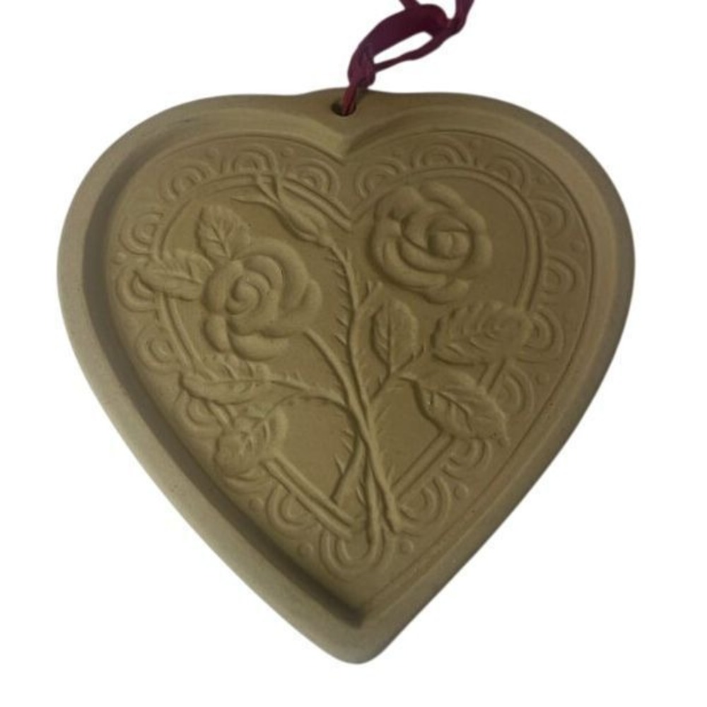 1992‎ Stoneware Brown Bag Cookie Art Rose In Heart Cookie Mold Press Valentines
